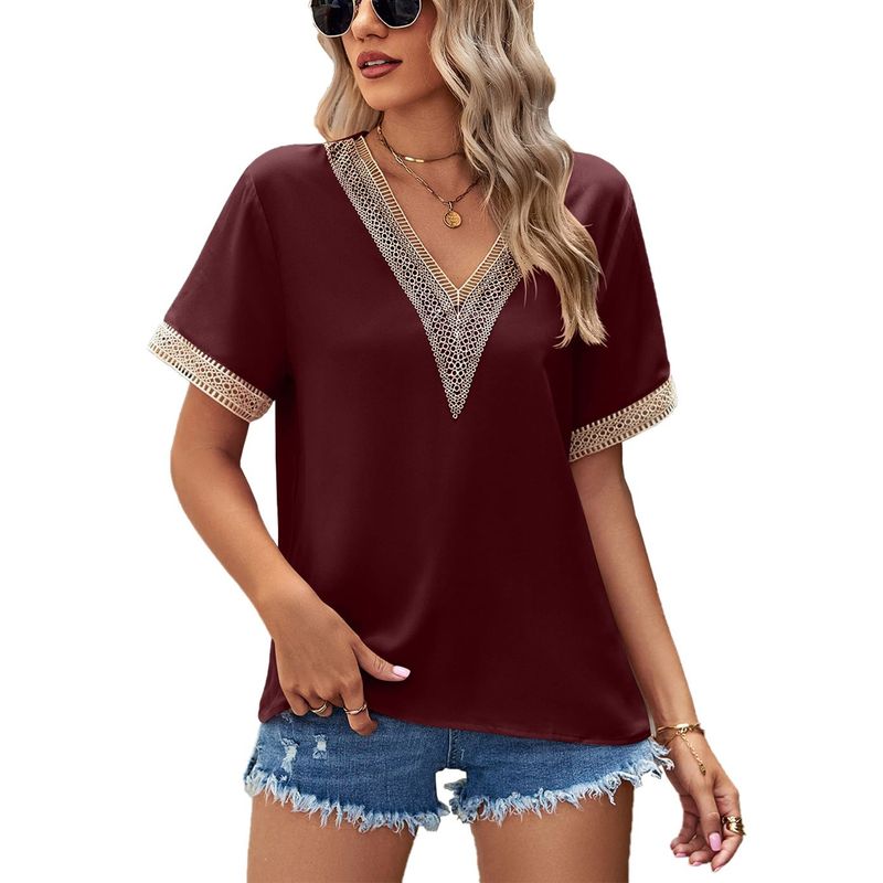 RURUTOTO - Blusa manga Corta con cuello en V y encaje Mujer Negro