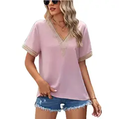 RURUTOTO - Blusa manga Corta con cuello en V y encaje Mujer Negro