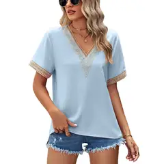 RURUTOTO - Blusa manga Corta con cuello en V y encaje Mujer Negro