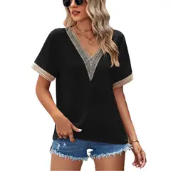 RURUTOTO - Blusa manga Corta con cuello en V y encaje Mujer Negro