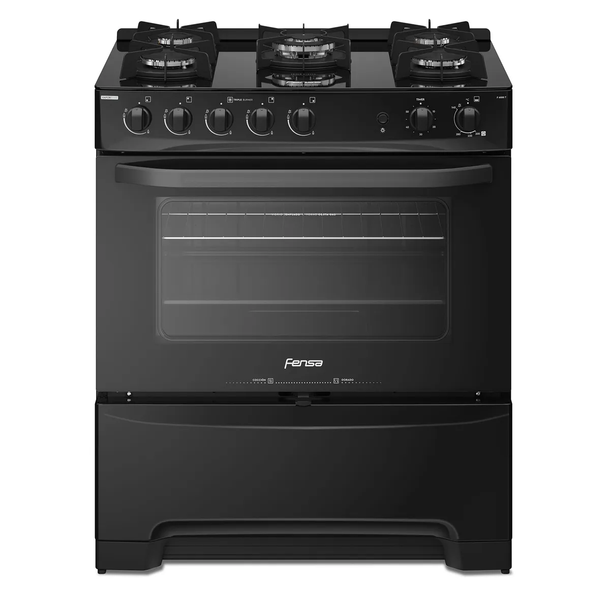 FENSA - Cocina a Gas 5 Platos Fensa Experience con VaporBake y Cubierta Vidrio F 6000 T Negra