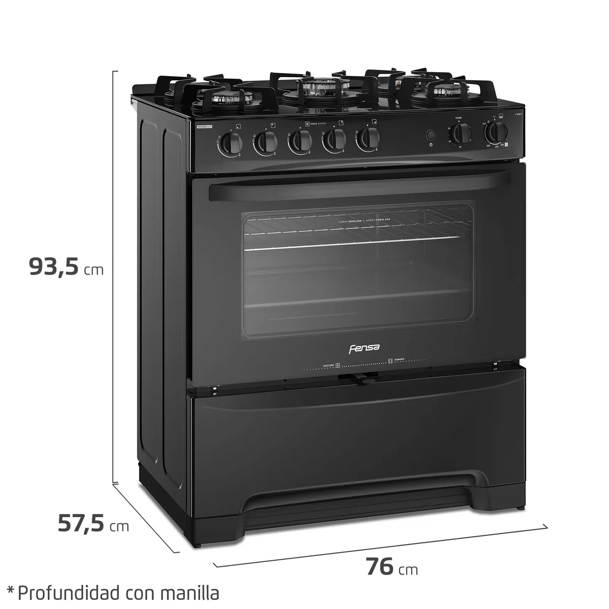 FENSA - Cocina a Gas 5 Platos Fensa Experience con VaporBake y Cubierta Vidrio F 6000 T Negra