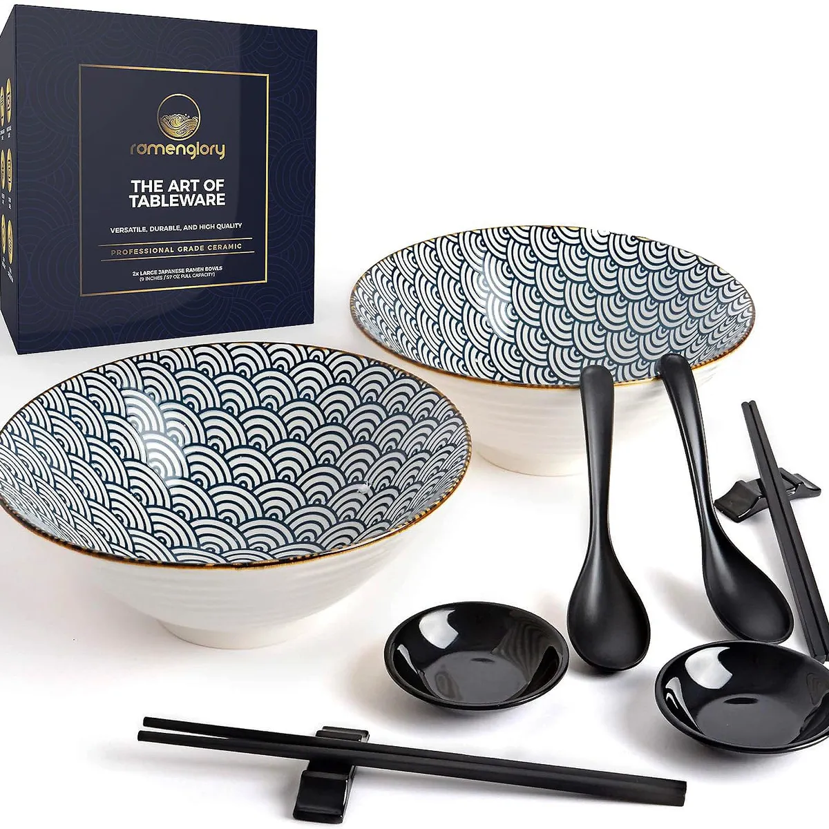 GENERICO - Set 2 Platos Sopa Ramen Hondo Japones Ceramica 1700ml Palos