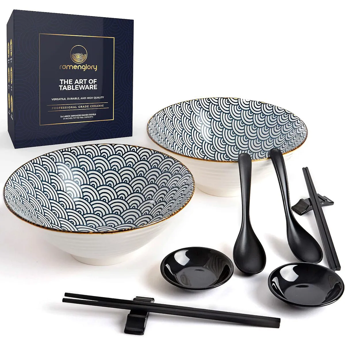 GENERICO - Set 2 Platos Sopa Ramen Hondo Japones Ceramica 1700ml Palos