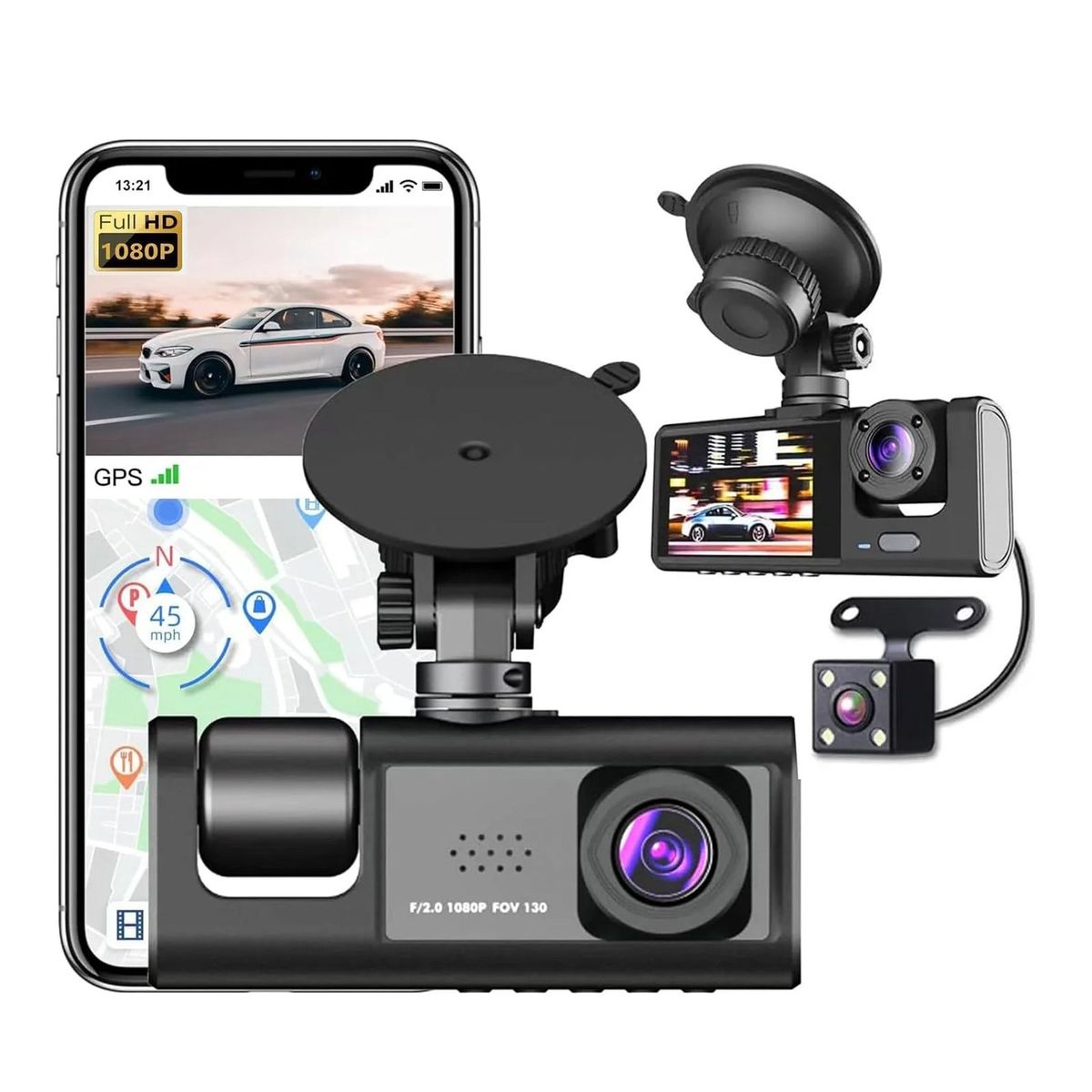 BLUEDREAMER - Cámara Para Auto Hd 1080p+wifi Accesorio Dashcamera 3 Cámara