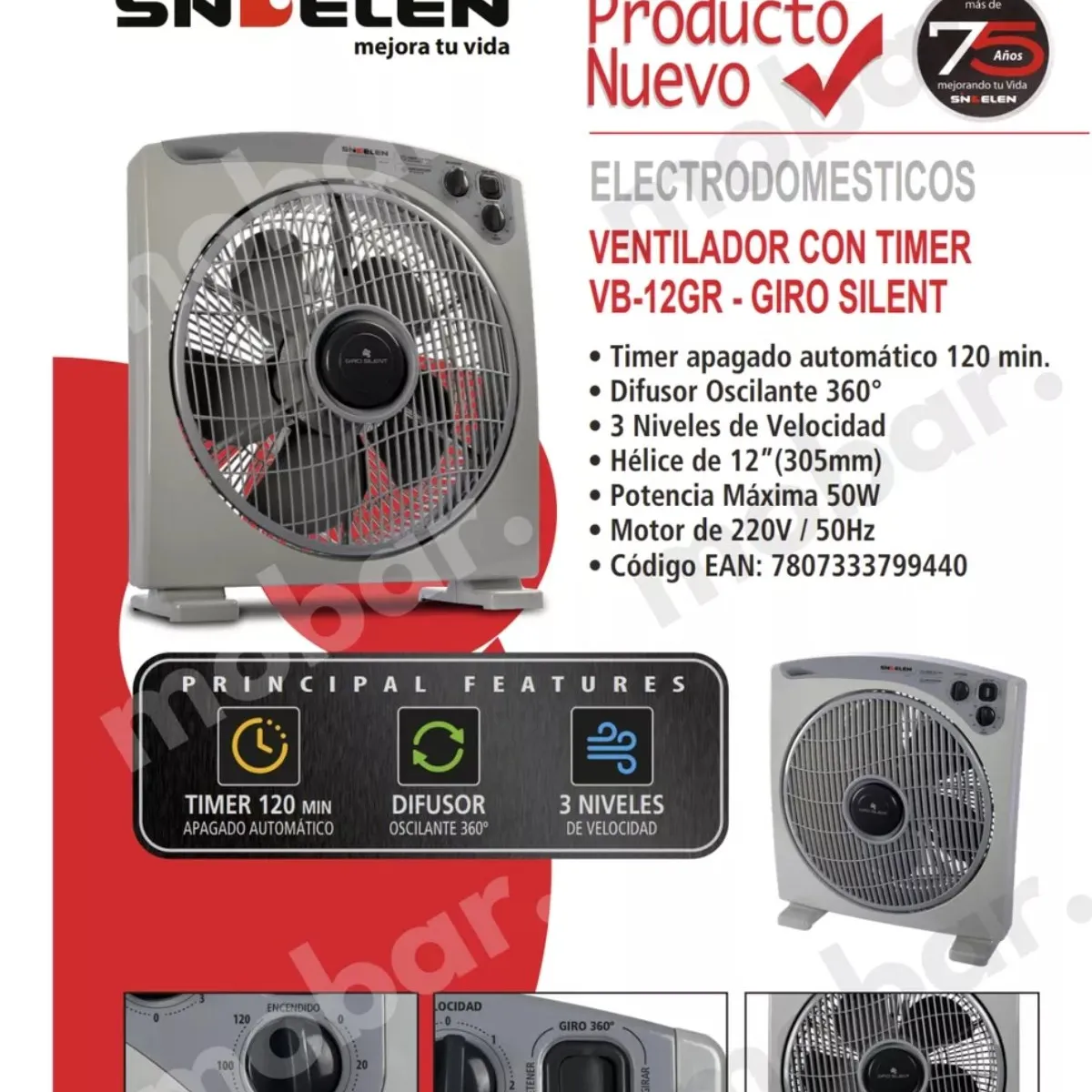 SINDELEN - Ventilador Box Mesa Piso Sindelen Vb-12GR Silencioso Timer 120 minutos.