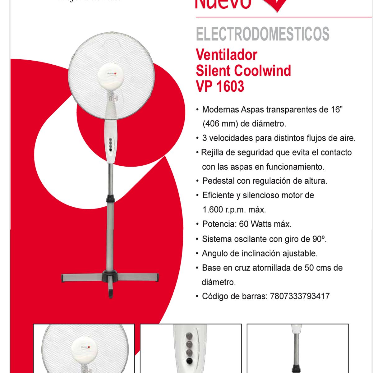 SINDELEN - Ventilador De Pie Pedestal Sindelen Vp-1603bl 16" Oscilante 3 Velocid