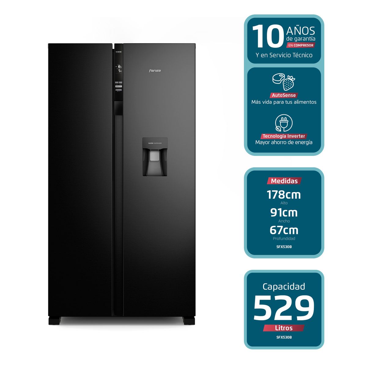 FENSA - Refrigerador Fensa 529L No Frost Side By Side Inverter Dispensador de Agua SFX530B Negro