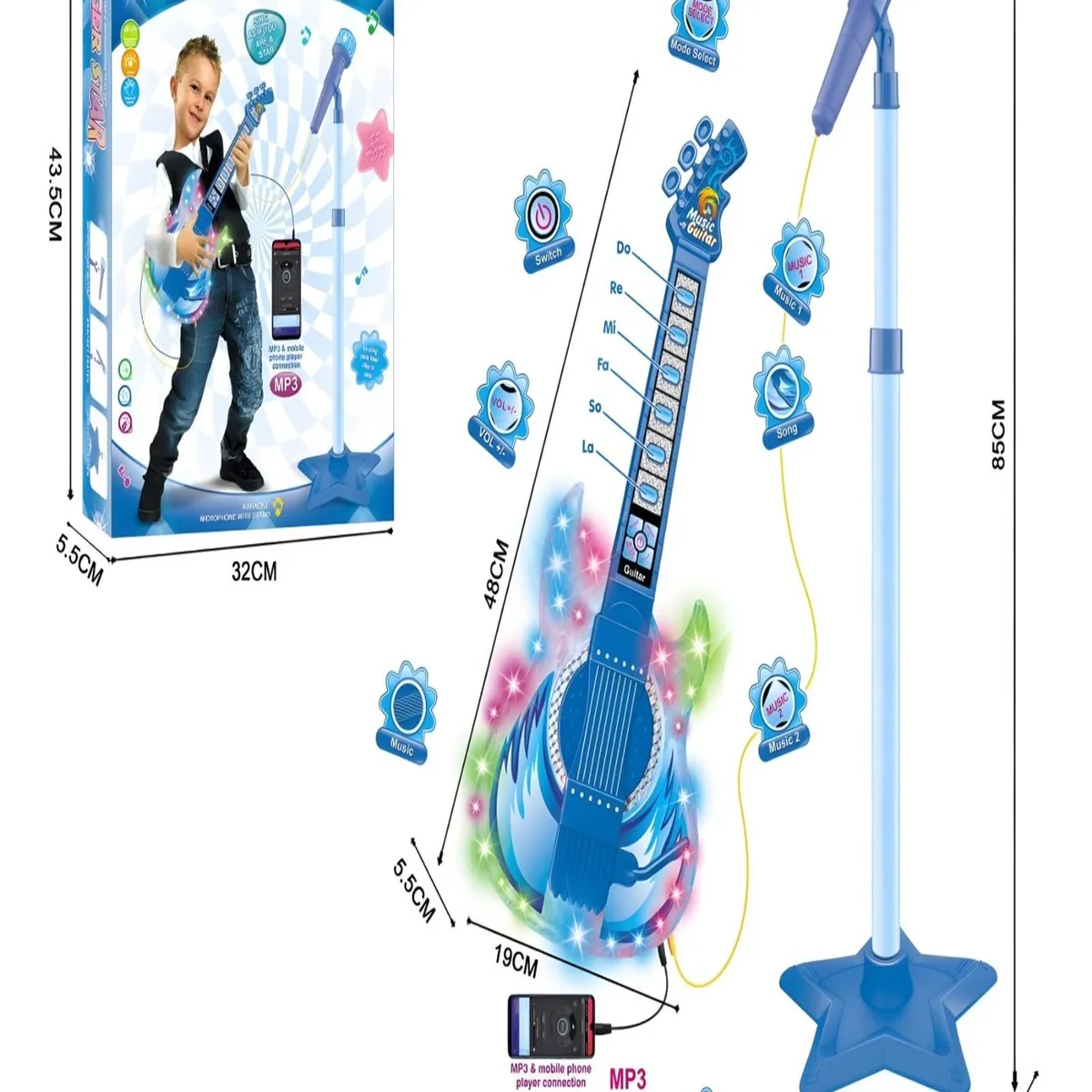 GENERICO - Set Guitarra Micrófono Pedestal Juguete Mp3 Luces 27n3