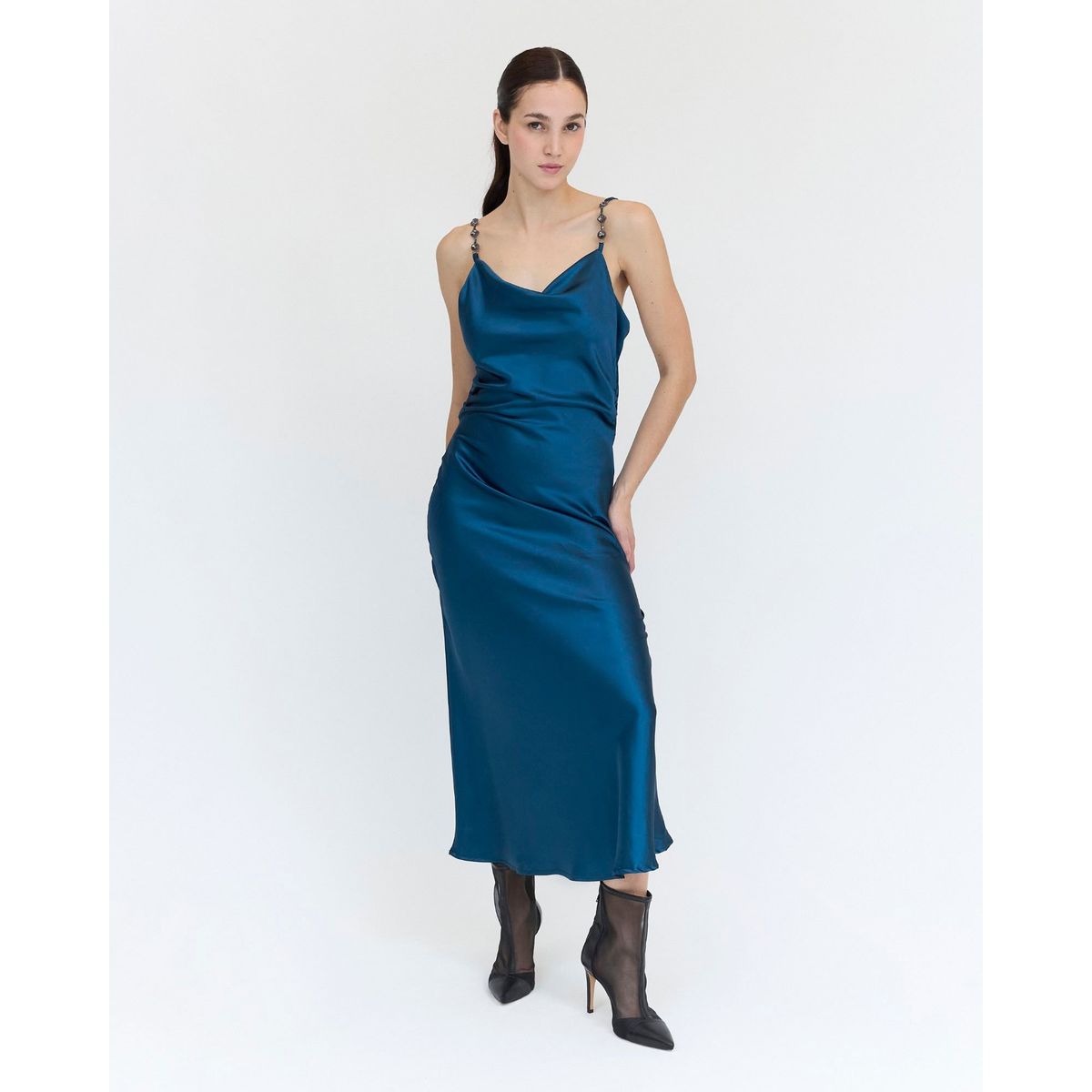 GUINDA - Midi Vestido con tirantes adornados con piedras Tex Guinda