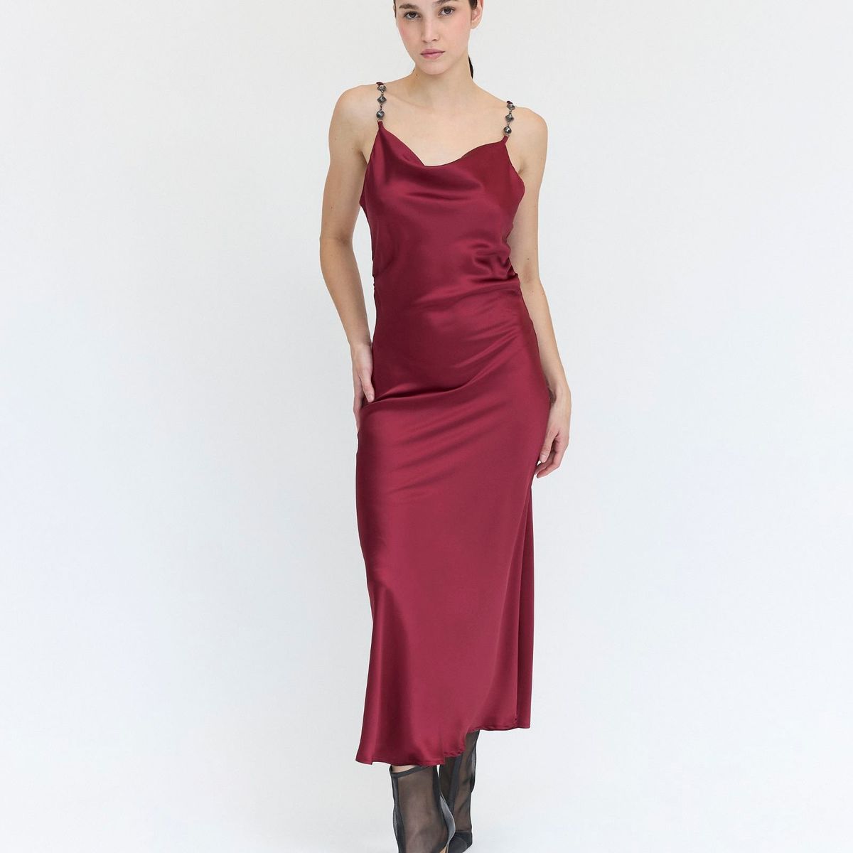 GUINDA - Midi Vestido con tirantes adornados con piedras Tex Guinda
