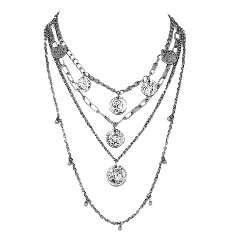 VANE COLLECTION - Collar mujer corto cuatro filas de monedas en plateado envejecido