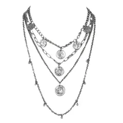 VANE COLLECTION - Collar mujer corto cuatro filas de monedas en plateado envejecido
