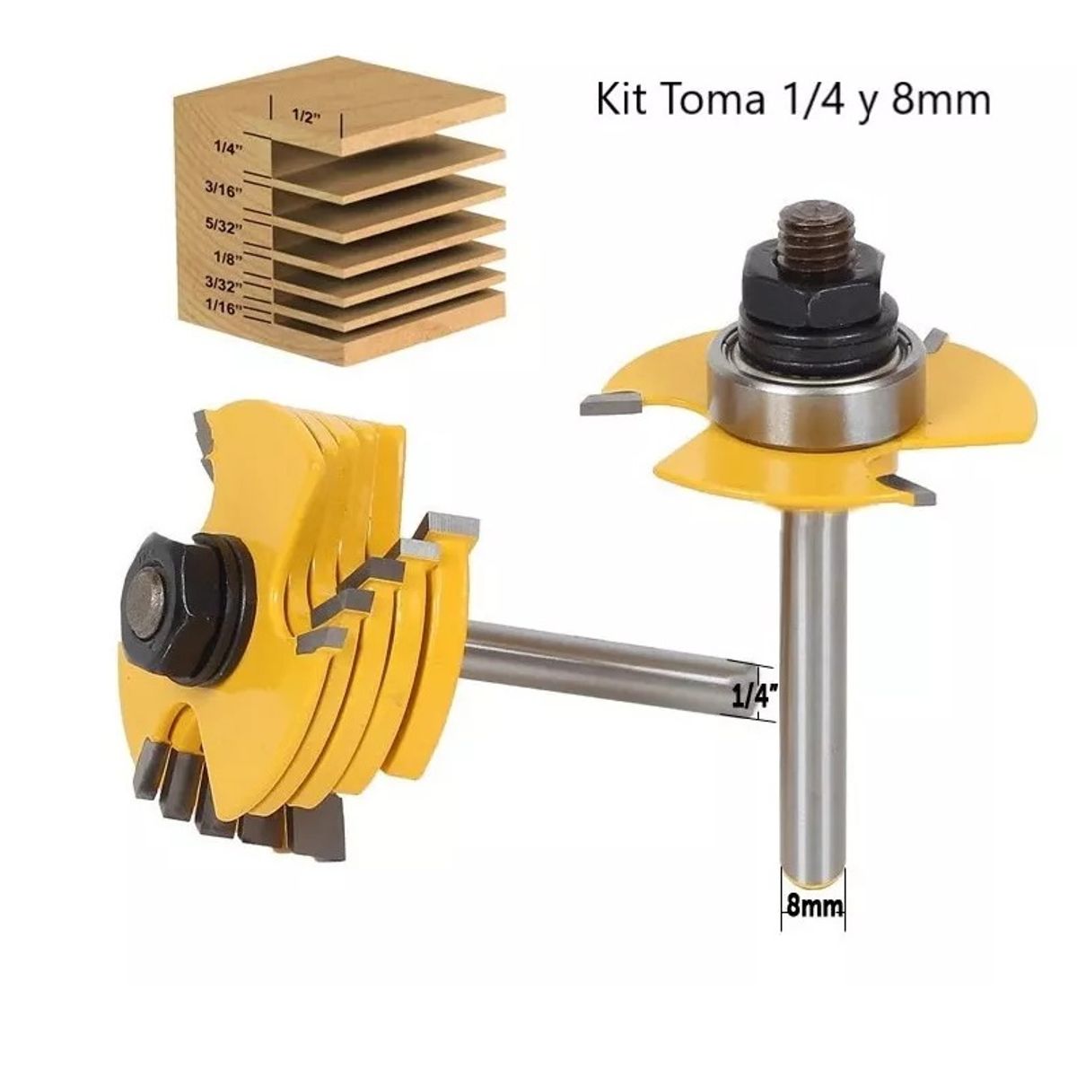 GENERICO - Fresa Madera T Toma ¼   Y 8mm X ½  L X 1/16  ,3/32 , 1/8 ,5/32