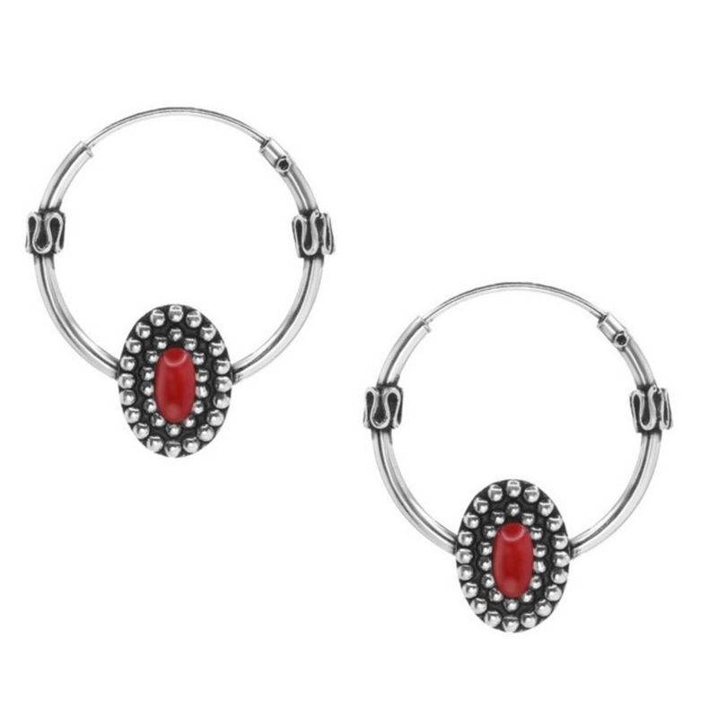 GENERICO - Aros De Plata 925 Argollas Diseño Tribal Con Coral