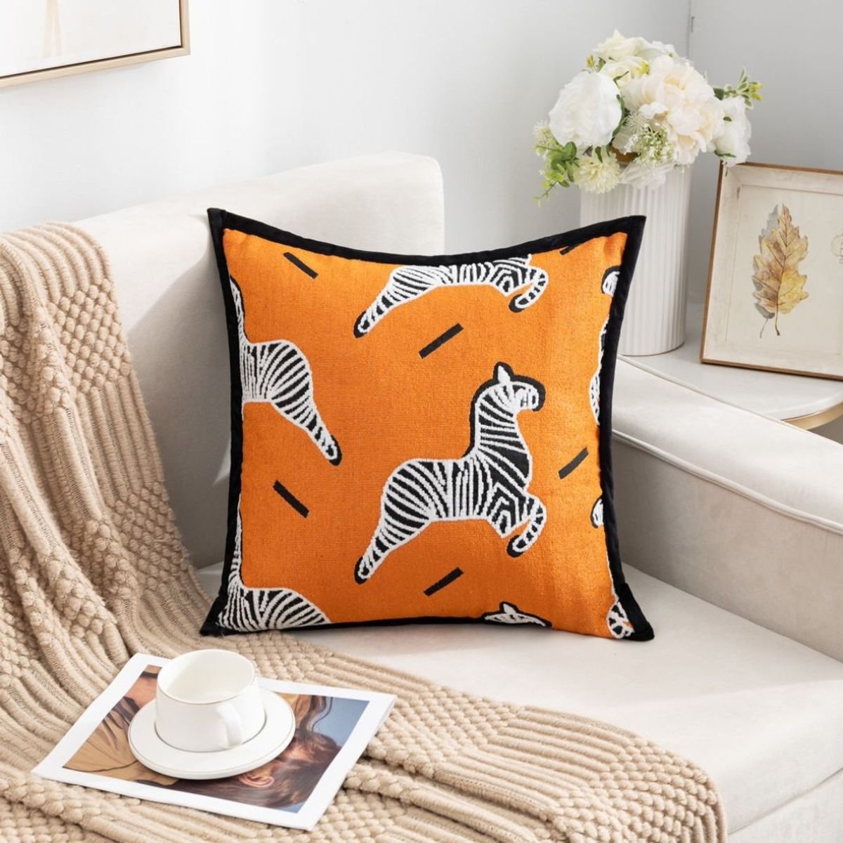 GENERICO - Funda de Cojín Chenille 45 x 45 cm - Naranjo Cebra