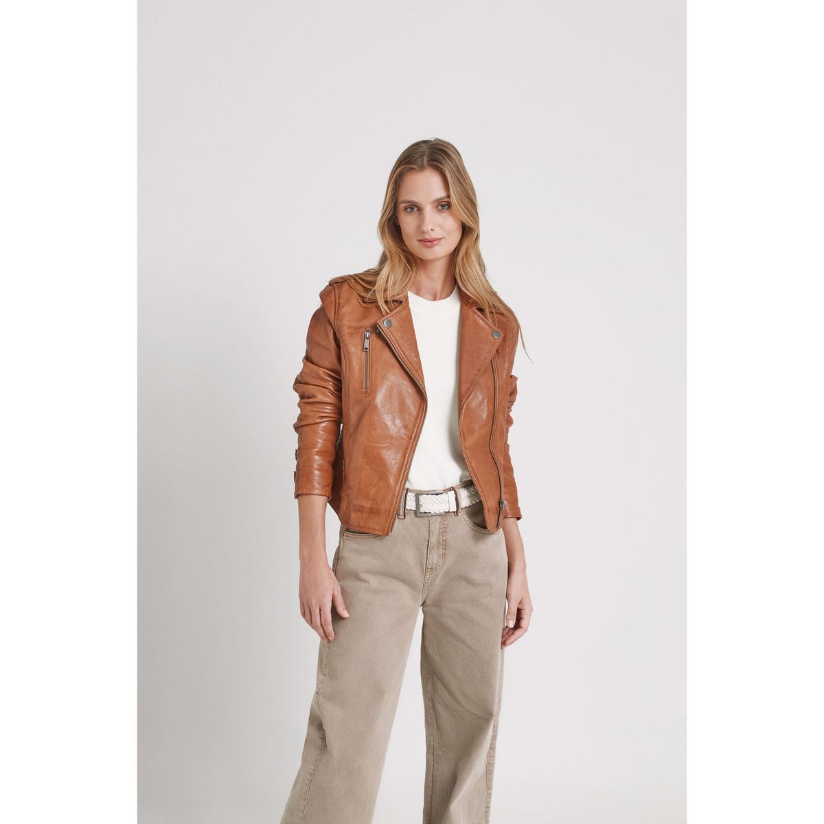 VELEZ - Vélez Chaqueta Biker Natura Cuero Mujer Semi Ajustada Miel