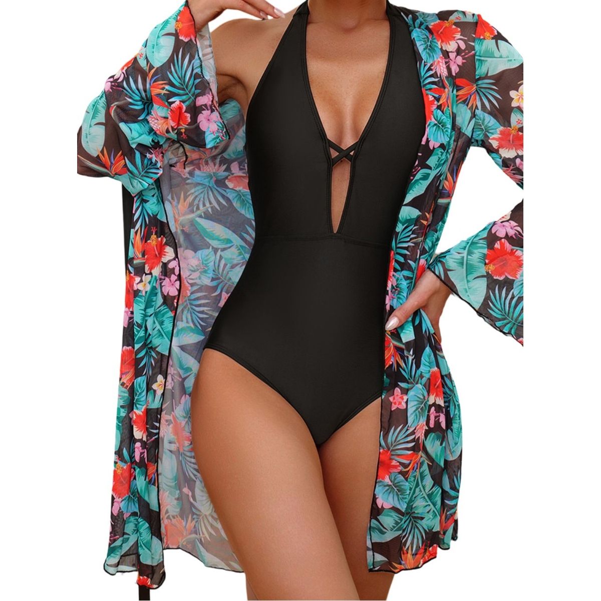 GLORIAHOON - Traje De Baño + Pareo Kimono Floral Sexy Gloriahoon