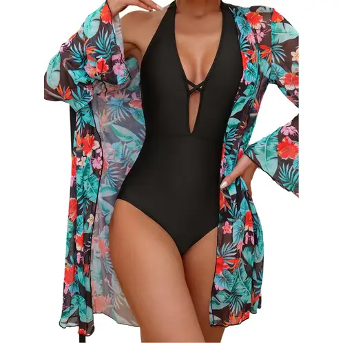 GLORIAHOON - Traje De Baño + Pareo Kimono Floral Sexy