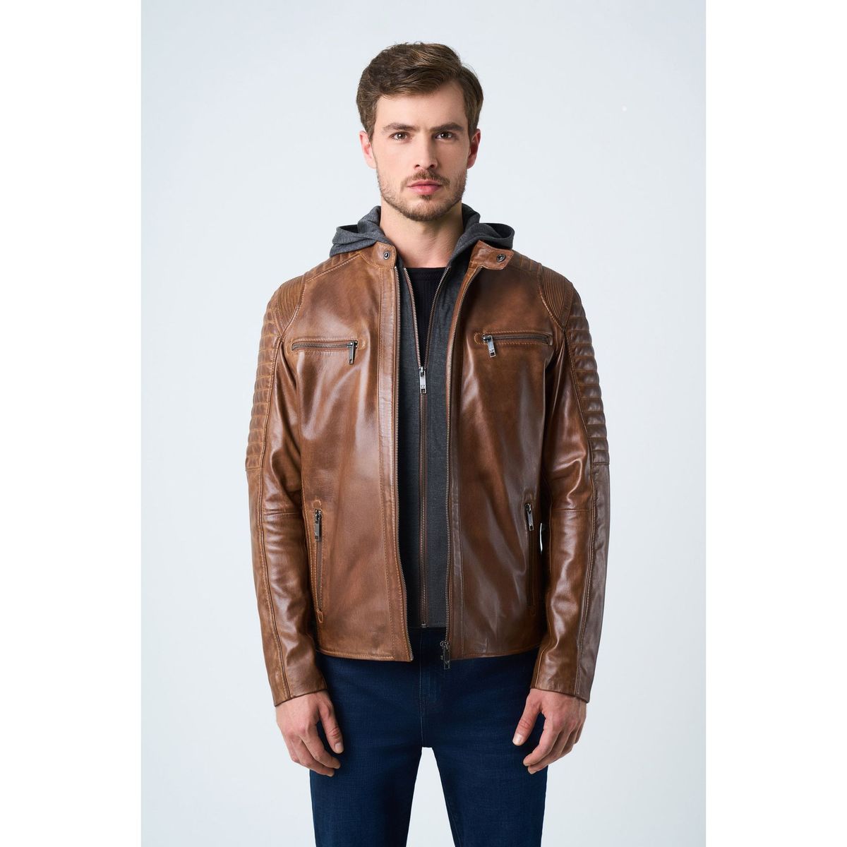 VELEZ - Vélez Chaqueta Belmont Cuero Hombre Capucha Y Pechera Miel