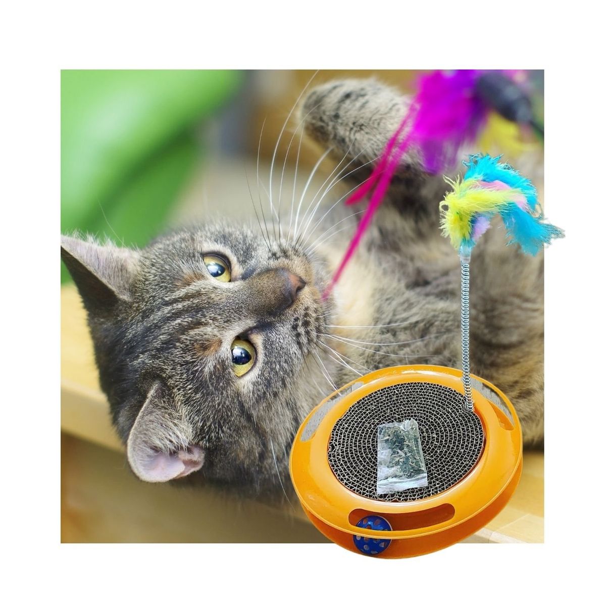 GENERICO - Juguete Gato Rascador Varilla Plumas + Catnip Naranjo