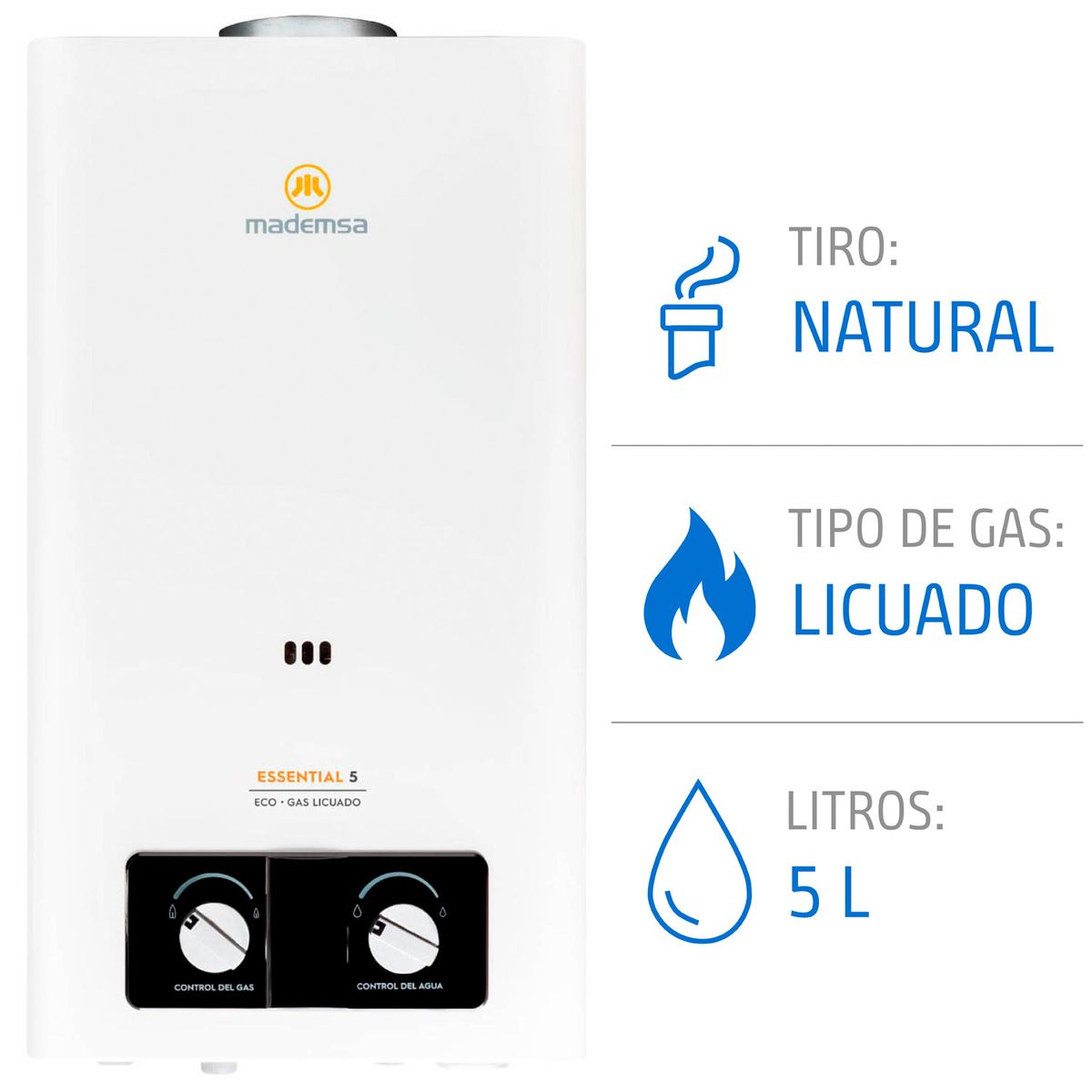 MADEMSA - Calefont Gas Licuado Mademsa 5 Litros Tiro Natural Ionizado Essential 5 Eco GL Blanco