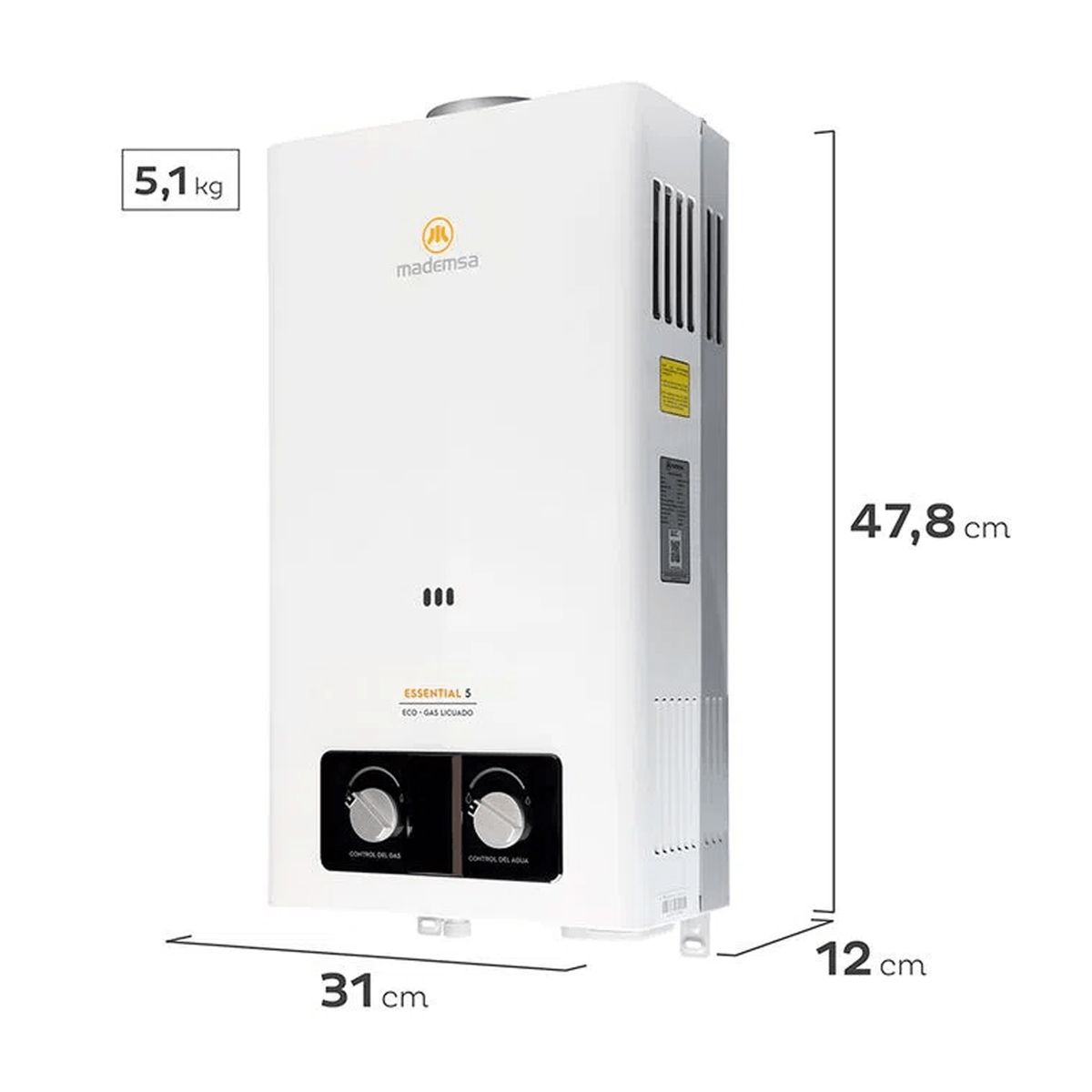 MADEMSA - Calefont Gas Licuado Mademsa 5 Litros Tiro Natural Ionizado Essential 5 Eco GL Blanco.