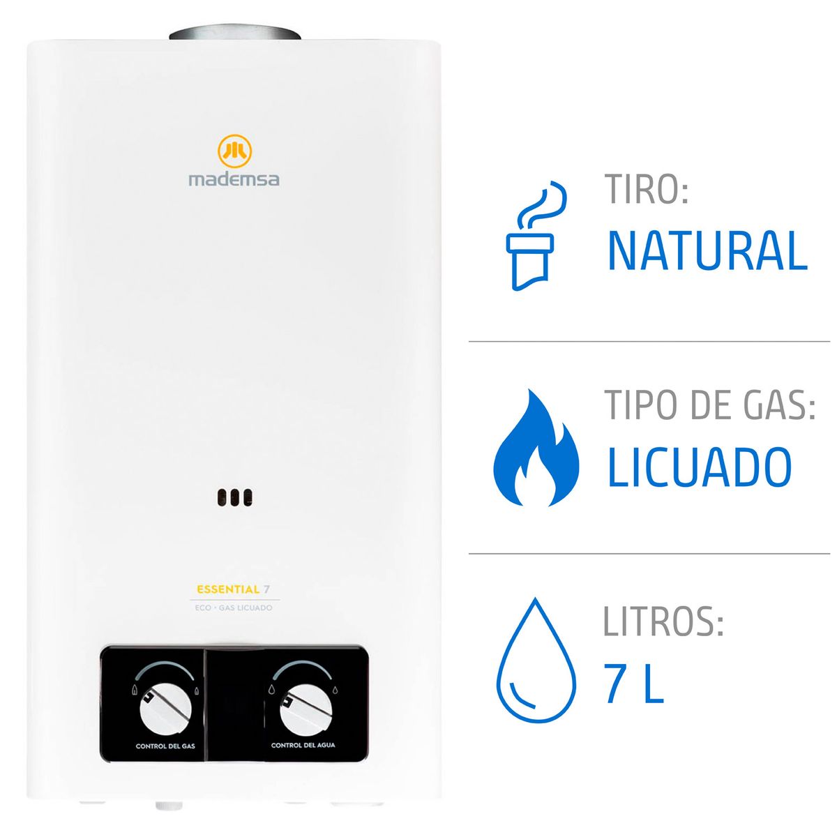 MADEMSA - Calefont Gas Licuado Mademsa 7 Litros Tiro Natural Ionizado Essential 7 Eco GL Blanco