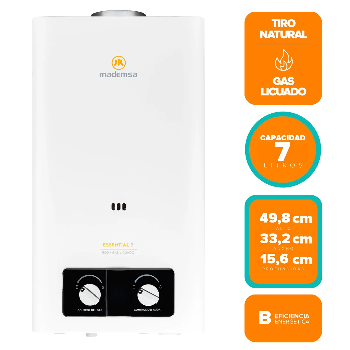 MADEMSA - Calefont Gas Licuado Mademsa 7 Litros Tiro Natural Ionizado Essential 7 Eco GL Blanco