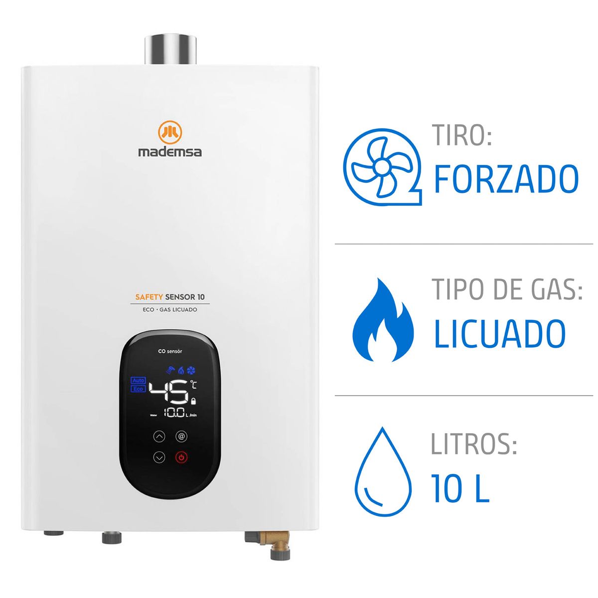 MADEMSA - Calefont Gas Licuado Mademsa 10 Litros Tiro Forzado Sensor Monóxido de Carbono 10 Eco GL