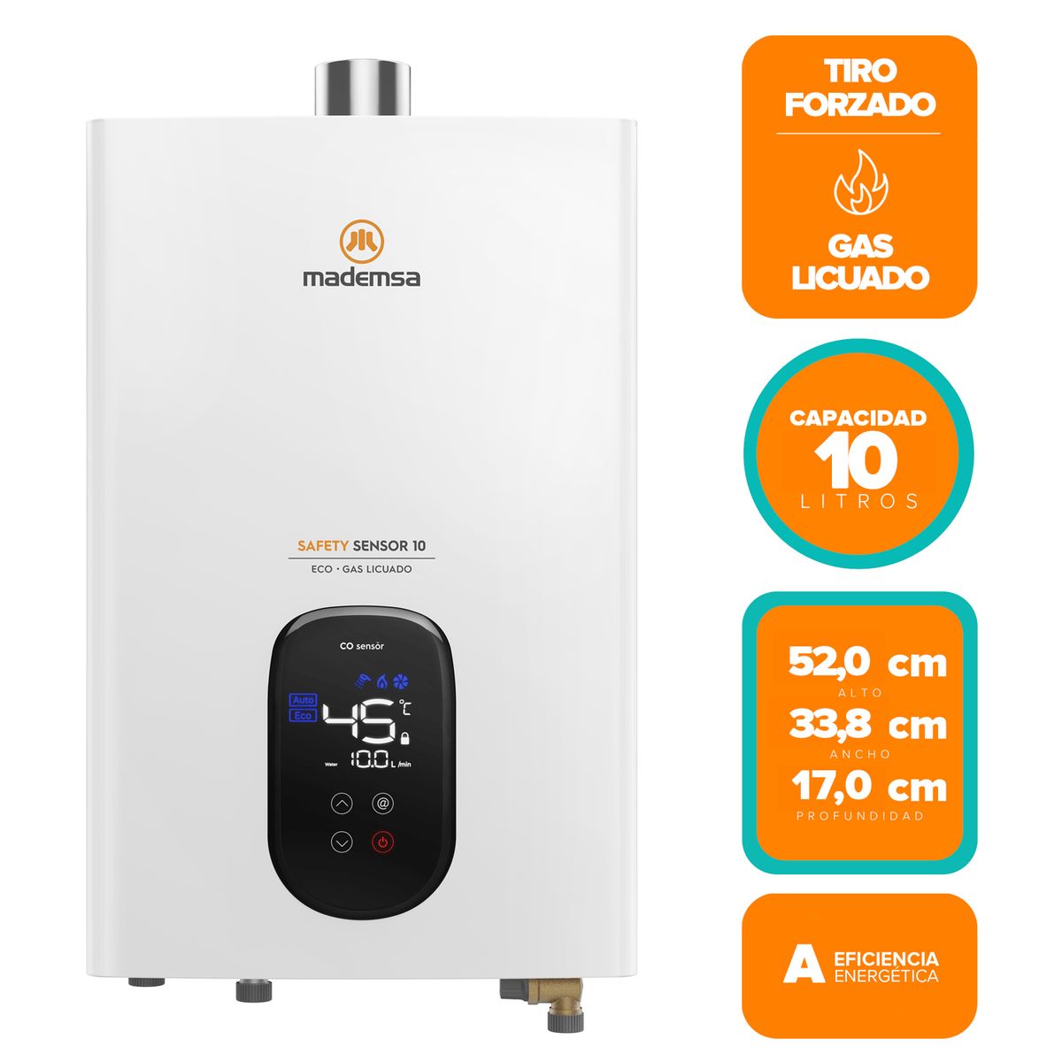 MADEMSA - Calefont Gas Licuado Mademsa 10 Litros Tiro Forzado Sensor Monóxido de Carbono 10 Eco GL