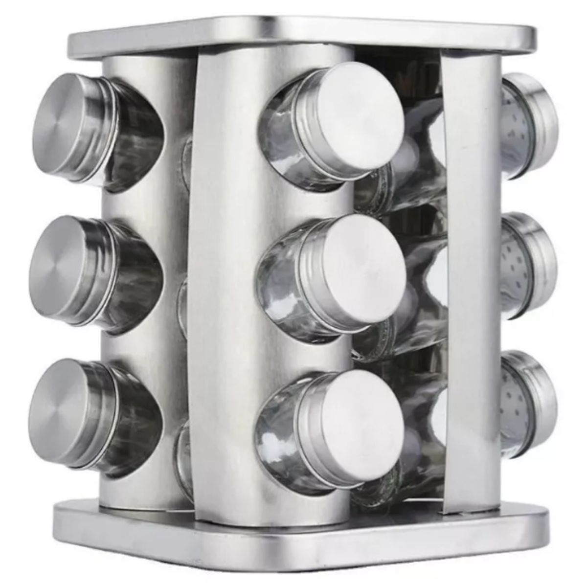 GENERICO - Condimentero Especiero Metalico Rack Giratorio + 12 Frascos Plateado