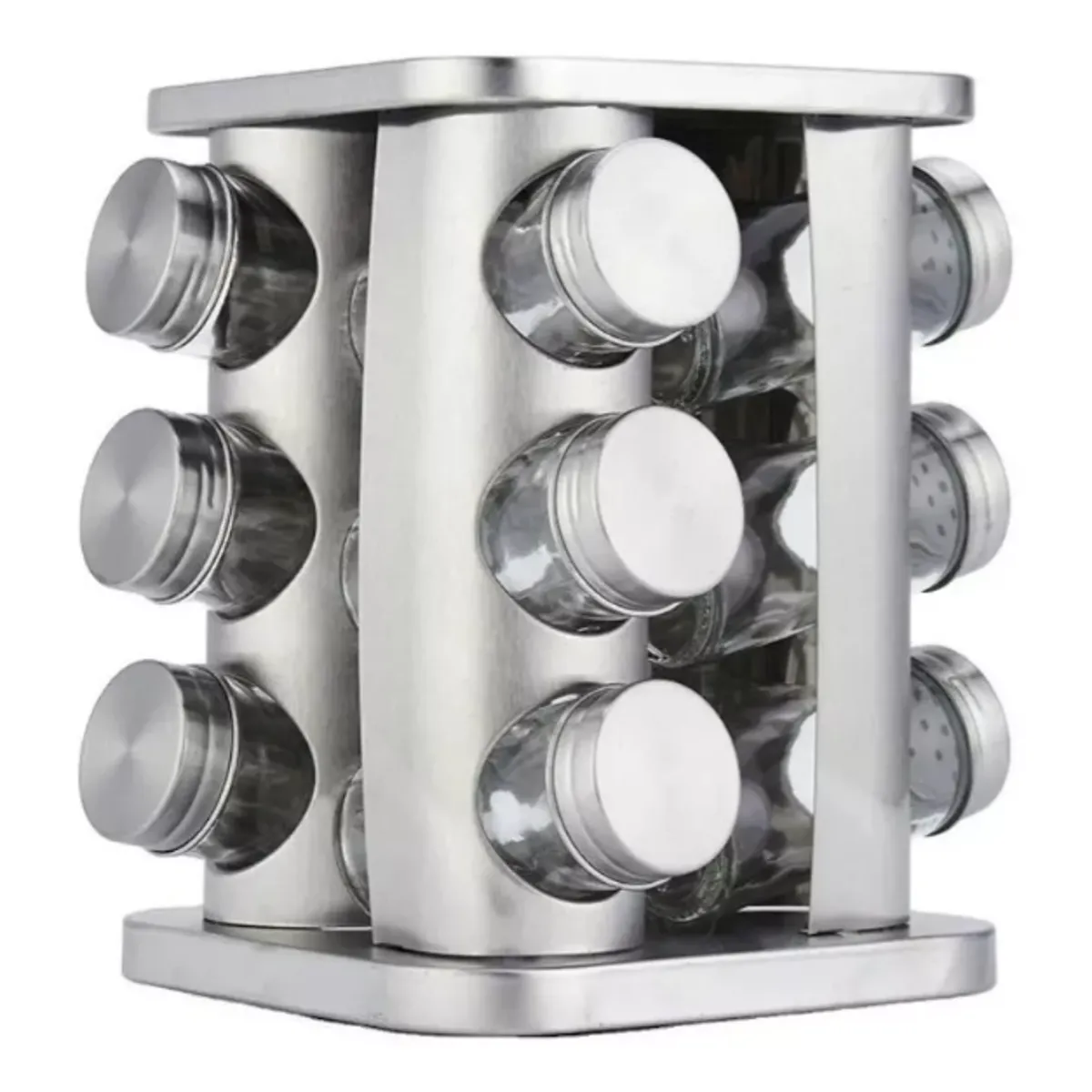GENERICO - Condimentero Especiero Metalico Rack Giratorio + 12 Frascos Plateado