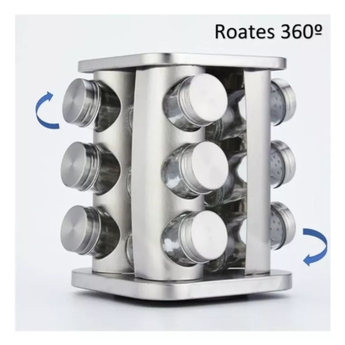GENERICO - Condimentero Especiero Metalico Rack Giratorio + 12 Frascos Plateado