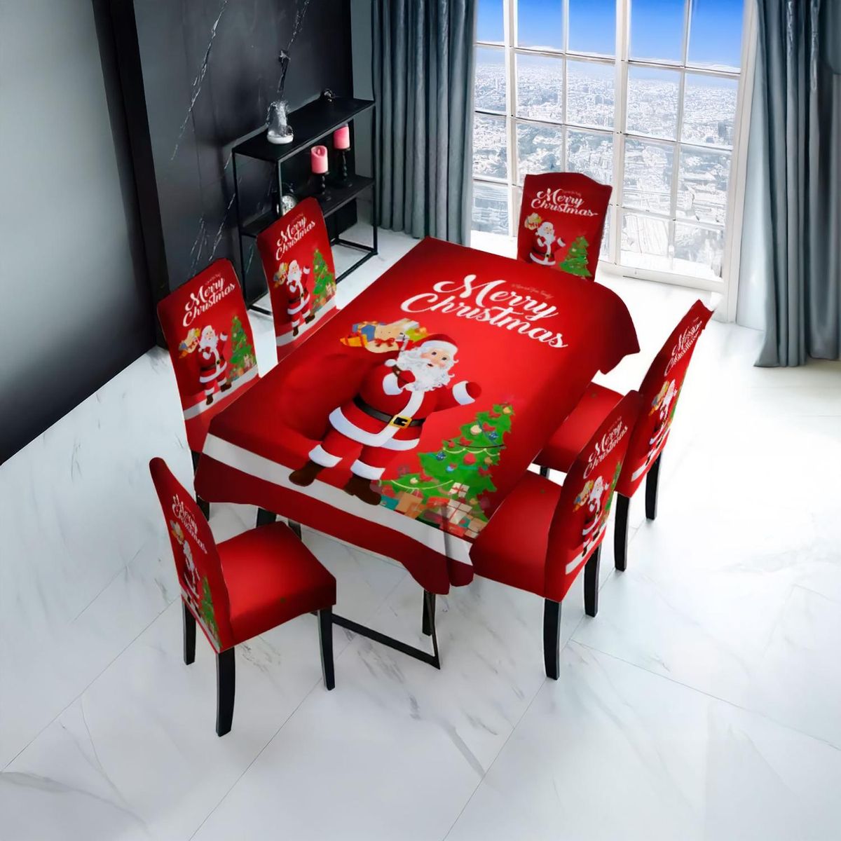 GENERICO - Mantel navideño Pascuero + 6 Fundas para sillas elasticadas