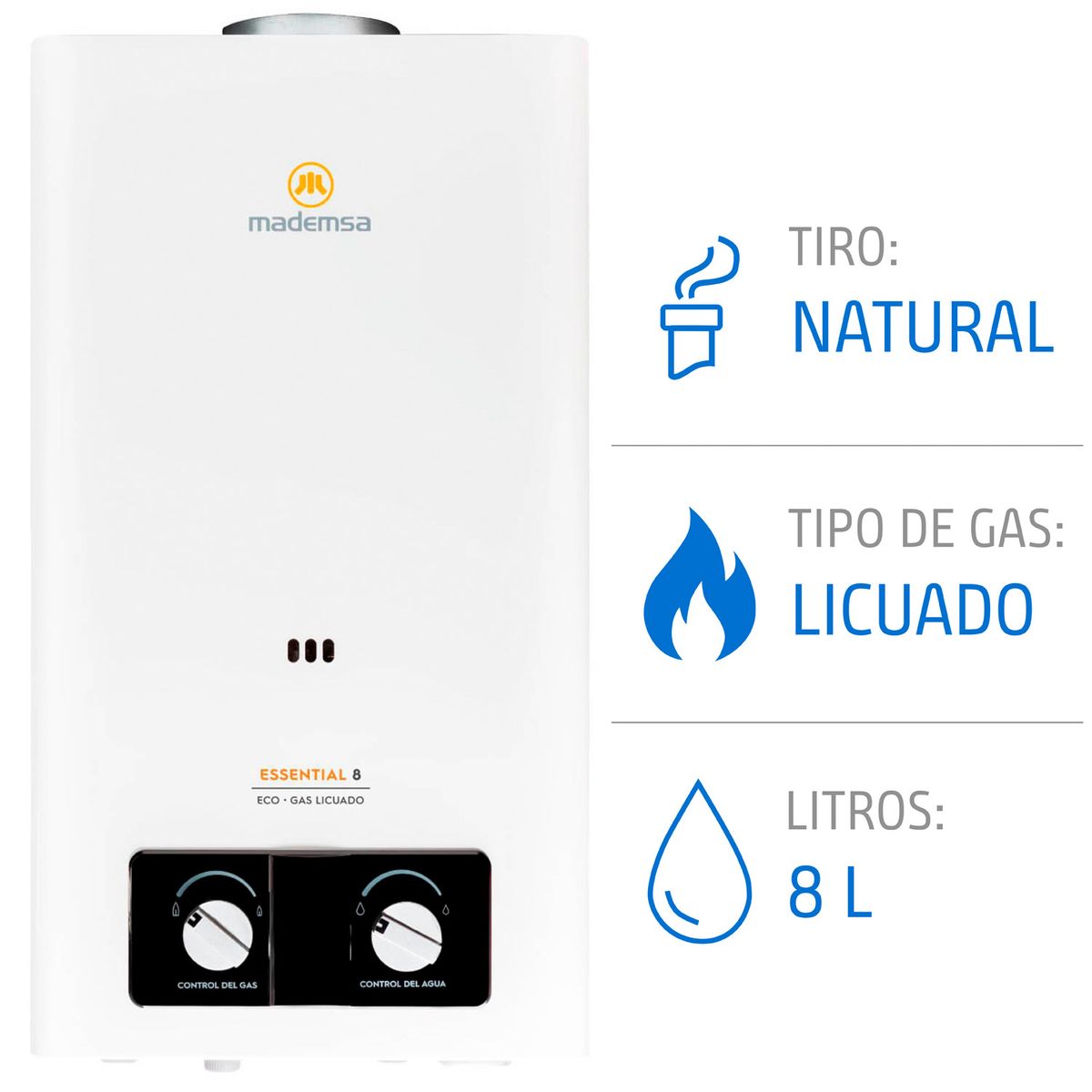 MADEMSA - Calefont Gas Licuado Mademsa 8 Litros Tiro Natural Ionizado Essential 8 Eco GL Blanco