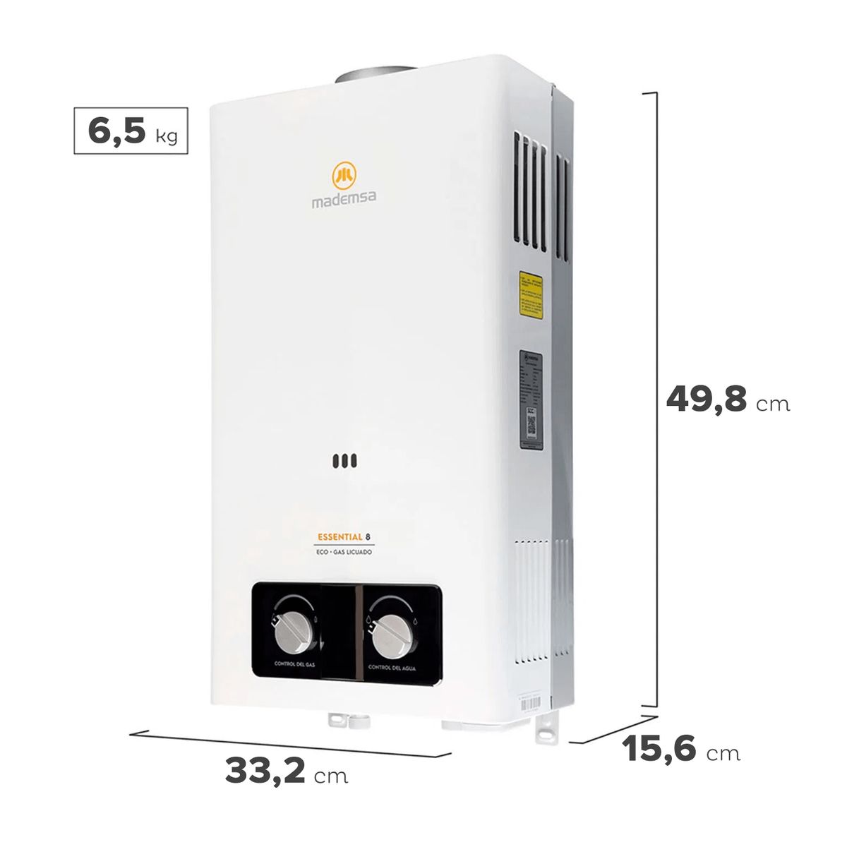 MADEMSA - Calefont Gas Licuado Mademsa 8 Litros Tiro Natural Ionizado Essential 8 Eco GL Blanco