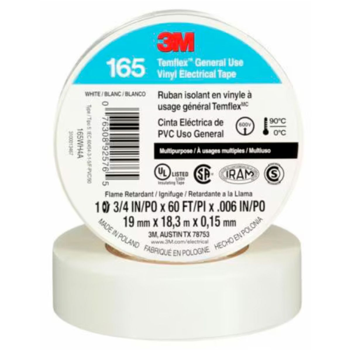 3M - Cinta Aisladora Temflex 165 19mm x 18,3 metros Blanca 3M