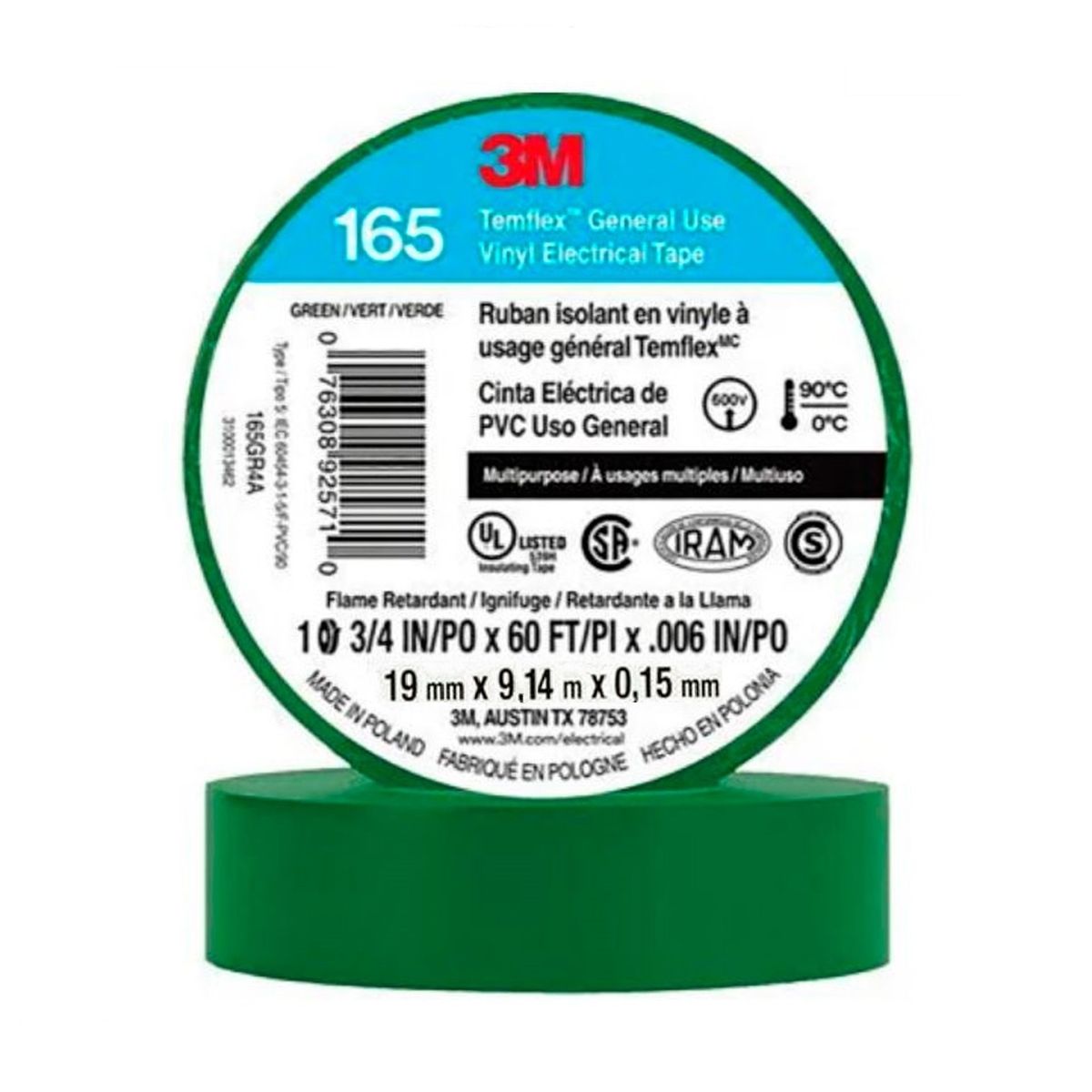 3M - Cinta Aisladora Temflex 165 19mm x 18,3 metros Verde 3M