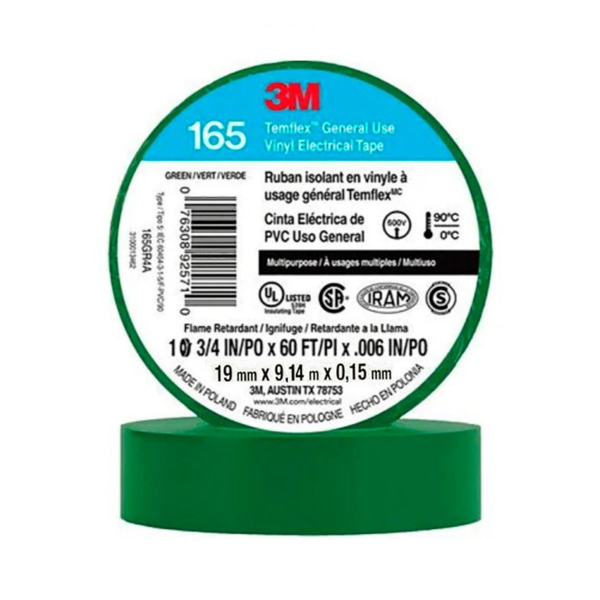 3M - Cinta Aisladora Temflex 165 19mm x 18,3 metros Verde 3M