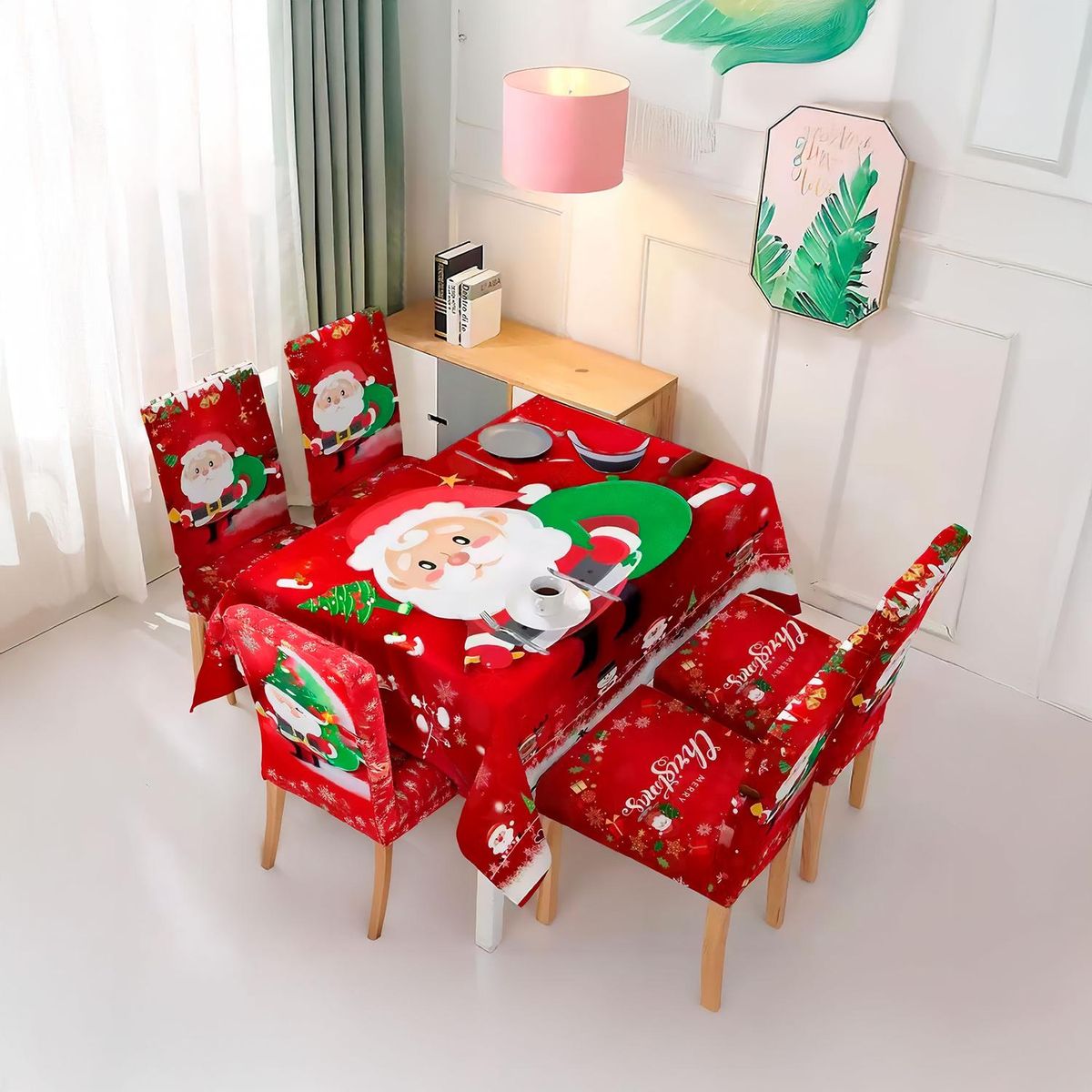 GENERICO - Mantel navideño Pascuero anime + 6 Fundas para sillas elasticadas