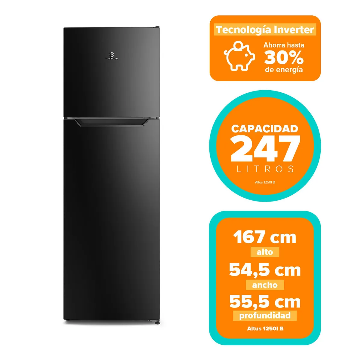 MADEMSA - Refrigerador Mademsa 247L No Frost Top Freezer Inverter Puerta Reversible Altus 1250B Negro