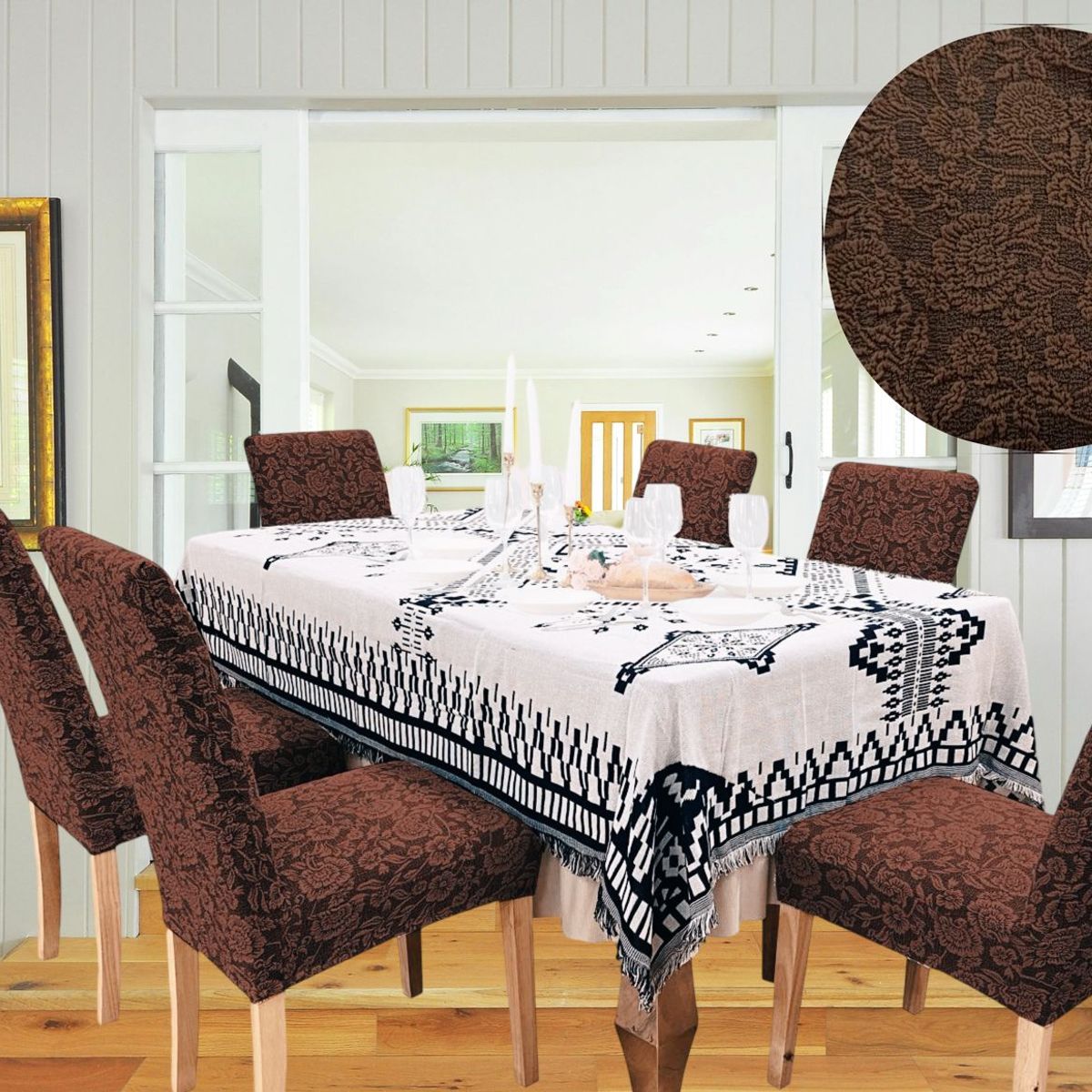 GENERICO - PACK DE 6 FUNDAS CUBRE SILLAS DE COMEDOR FLORES CAFÉ