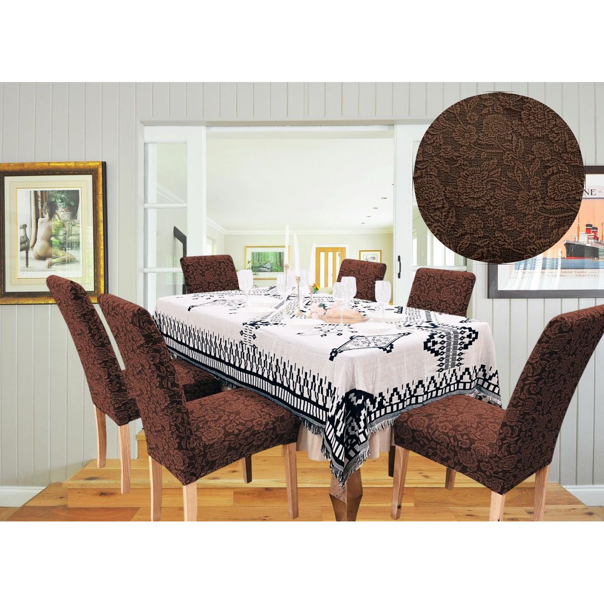 GENERICO - PACK DE 6 FUNDAS CUBRE SILLAS DE COMEDOR FLORES CAFÉ