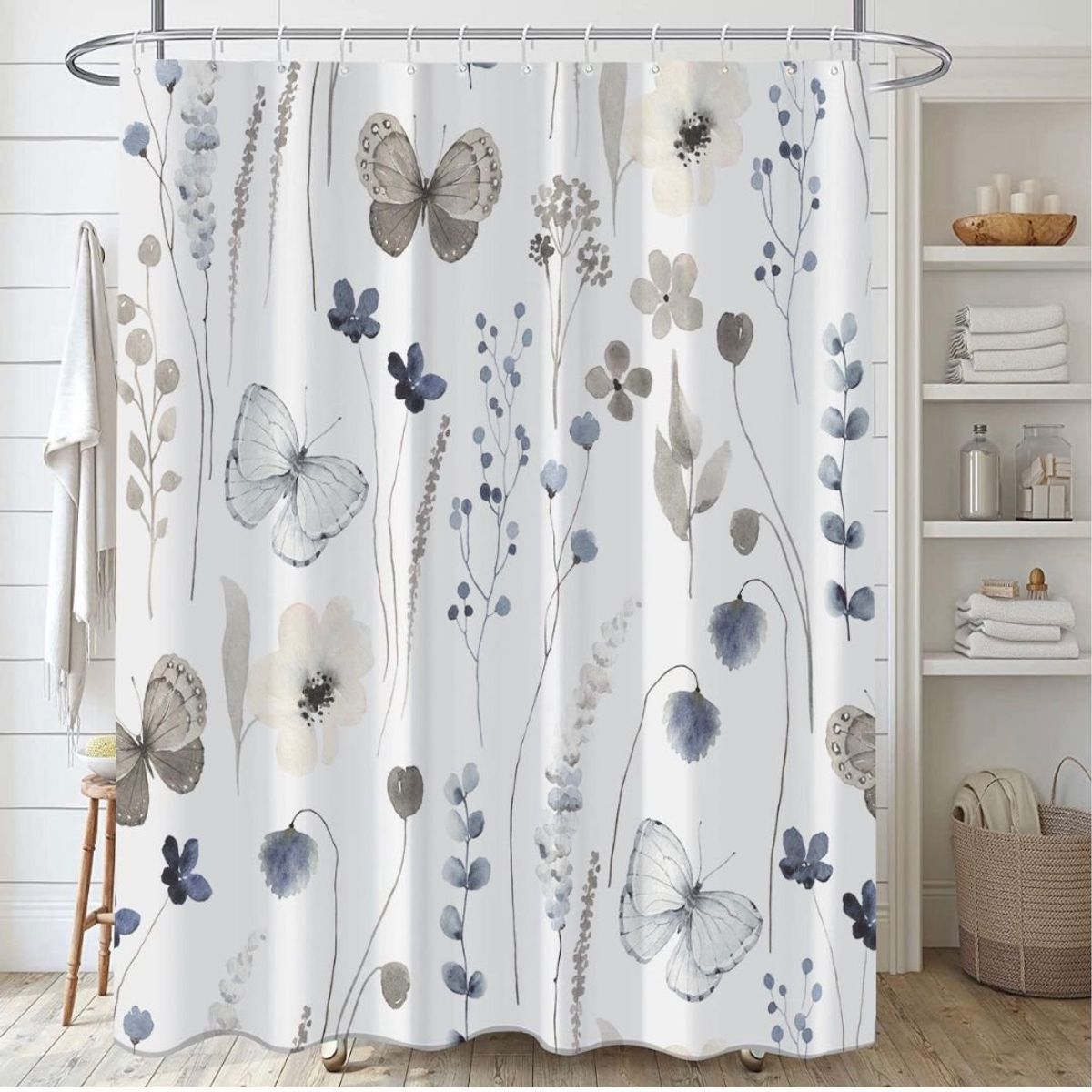 GENERICO - Cortina Baño Tela Impermeable 180 x 180 cm - Flores Azules Mariposas