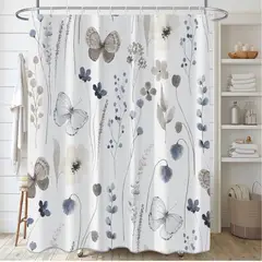 GENERICO - Cortina Baño Tela Impermeable 180 x 180 cm - Flores Azules Mariposas