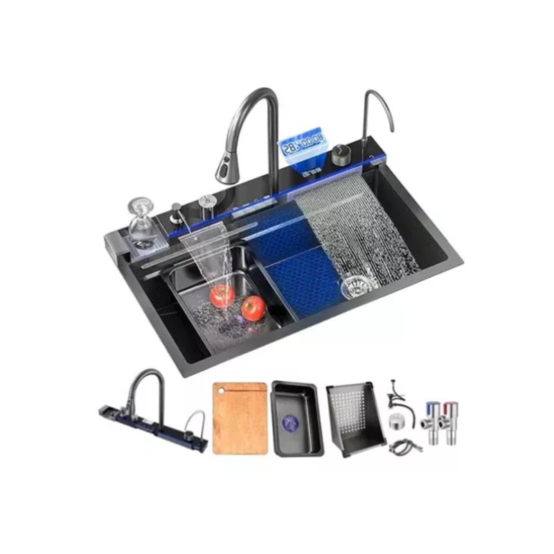 IDEEHOUSE - Lavaplatos Doble Inoxidable Negro 68x45 + Llave + Accesorios