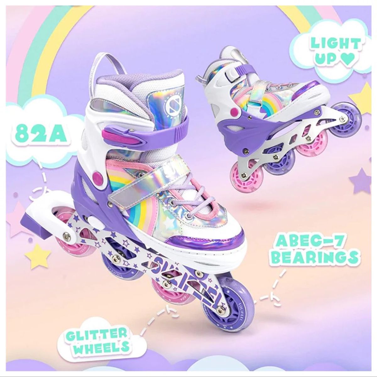 GENERICO - Patines En Linea Roller Arcoiris Lila Ruedas Led Talla S