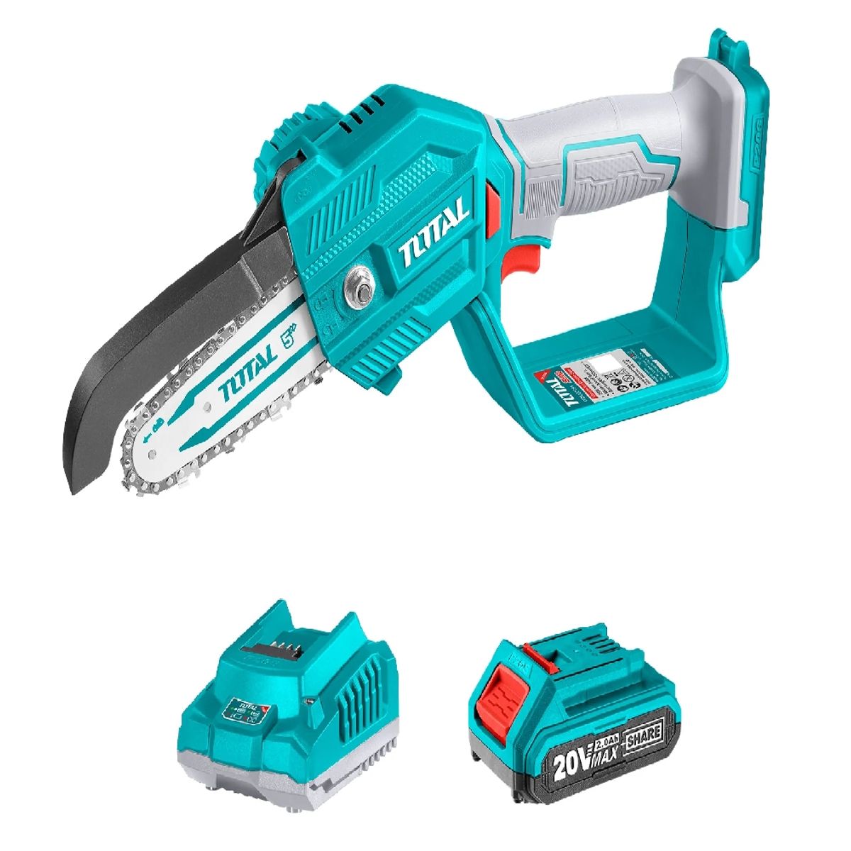 TOTAL TOOLS - Sierra Podadora 5 Pulgadas + Bat 2ah + Cargador + 3 Acce TOTAL TOOLS