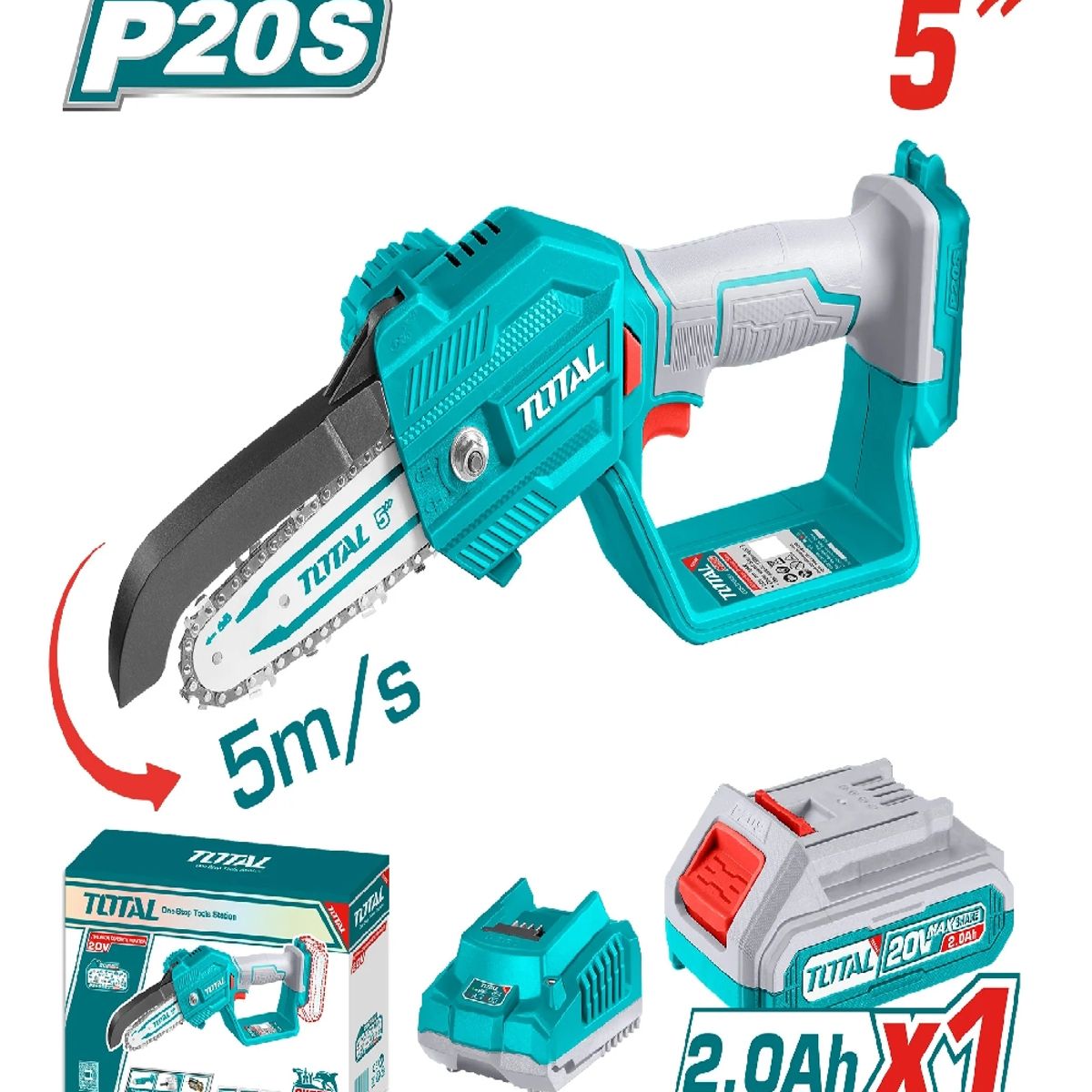TOTAL TOOLS - Sierra Podadora 5 Pulgadas + Bat 2ah + Cargador + 3 Acce TOTAL TOOLS